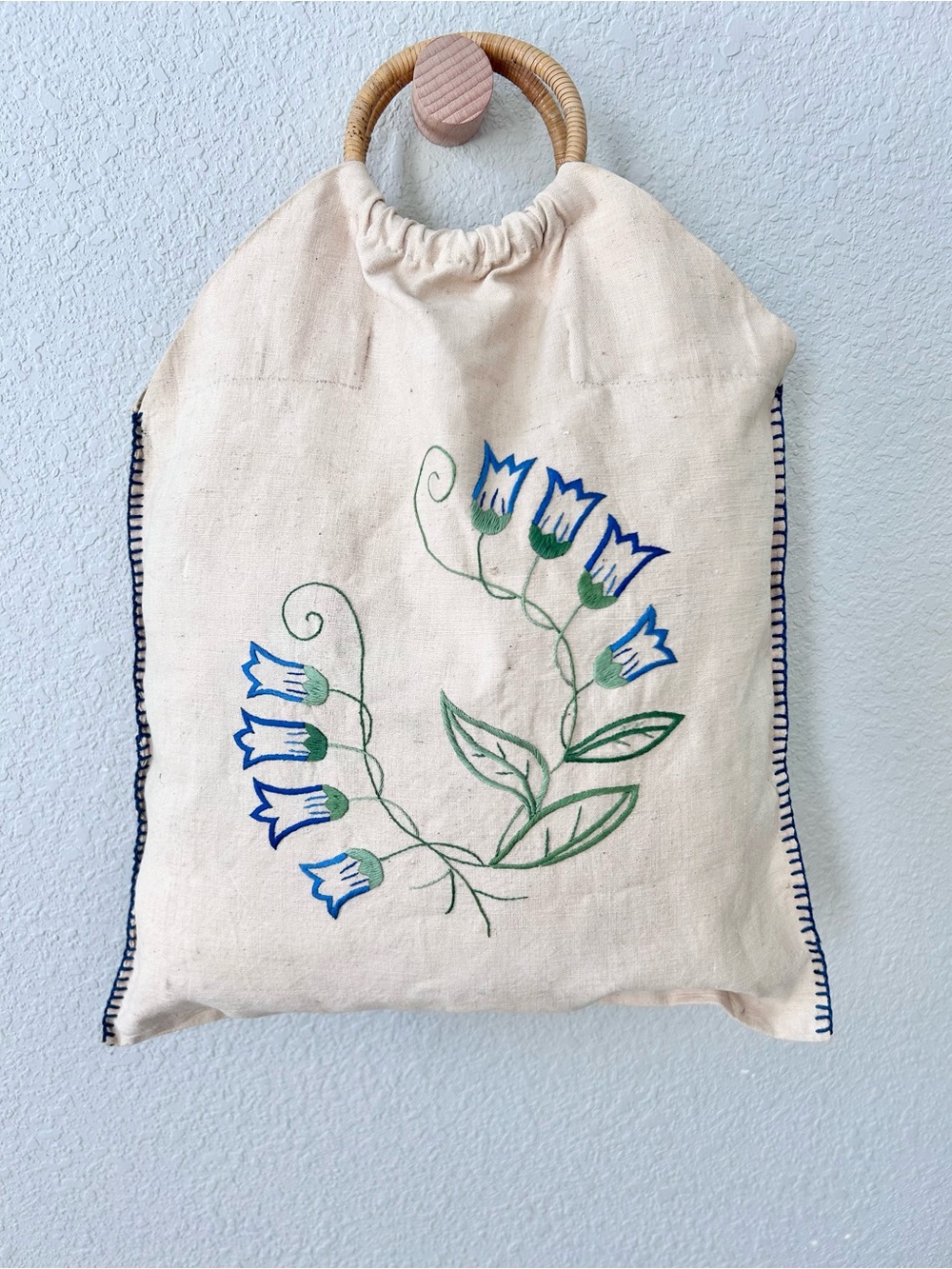 Upcycled Floral Embroidered Fabric Bag with Circle Rattan Handles Cream Blue